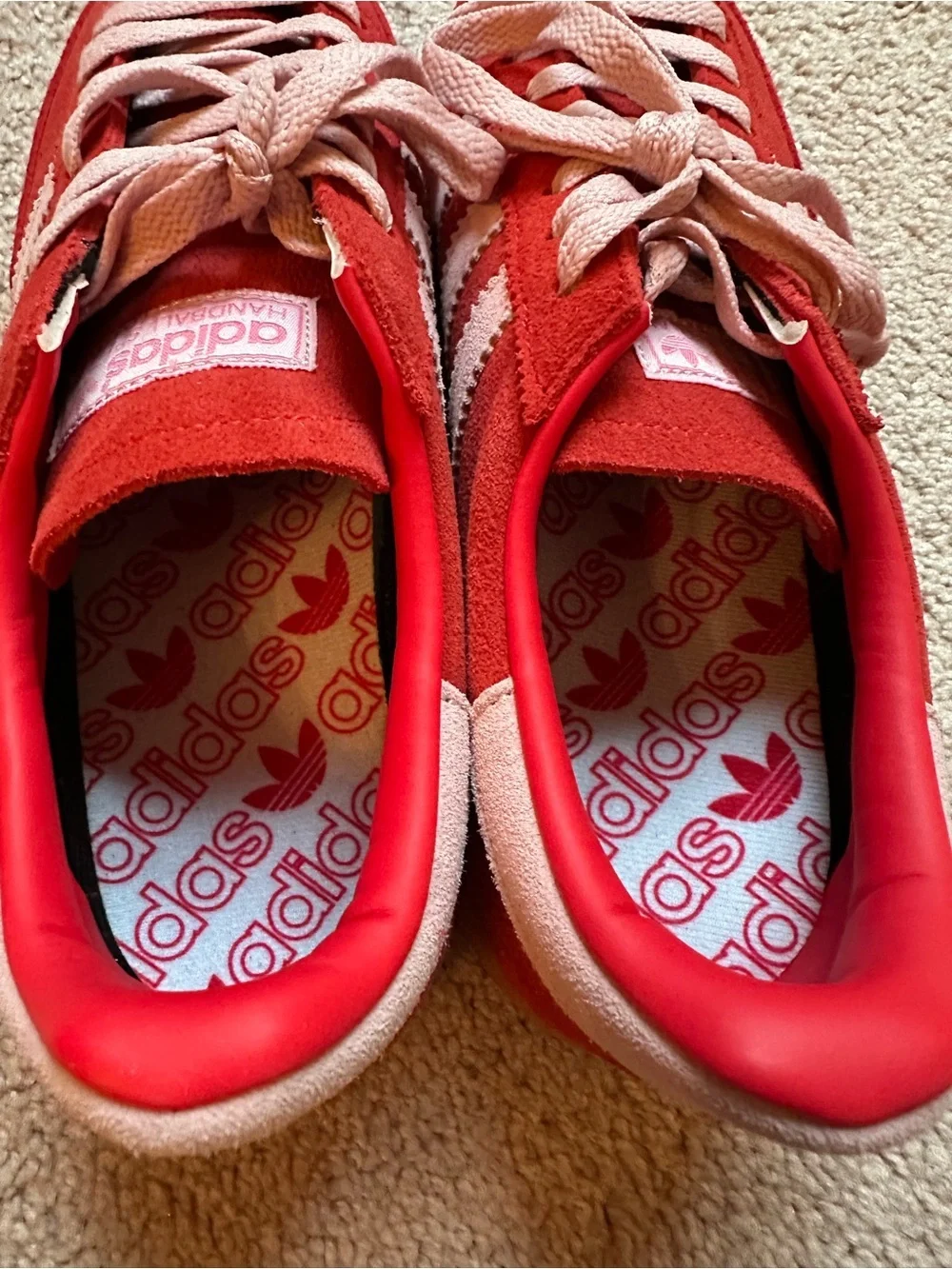 adidas men’s Red Suede Retro Spezial with Pink Stripes and Gum Sole unisex